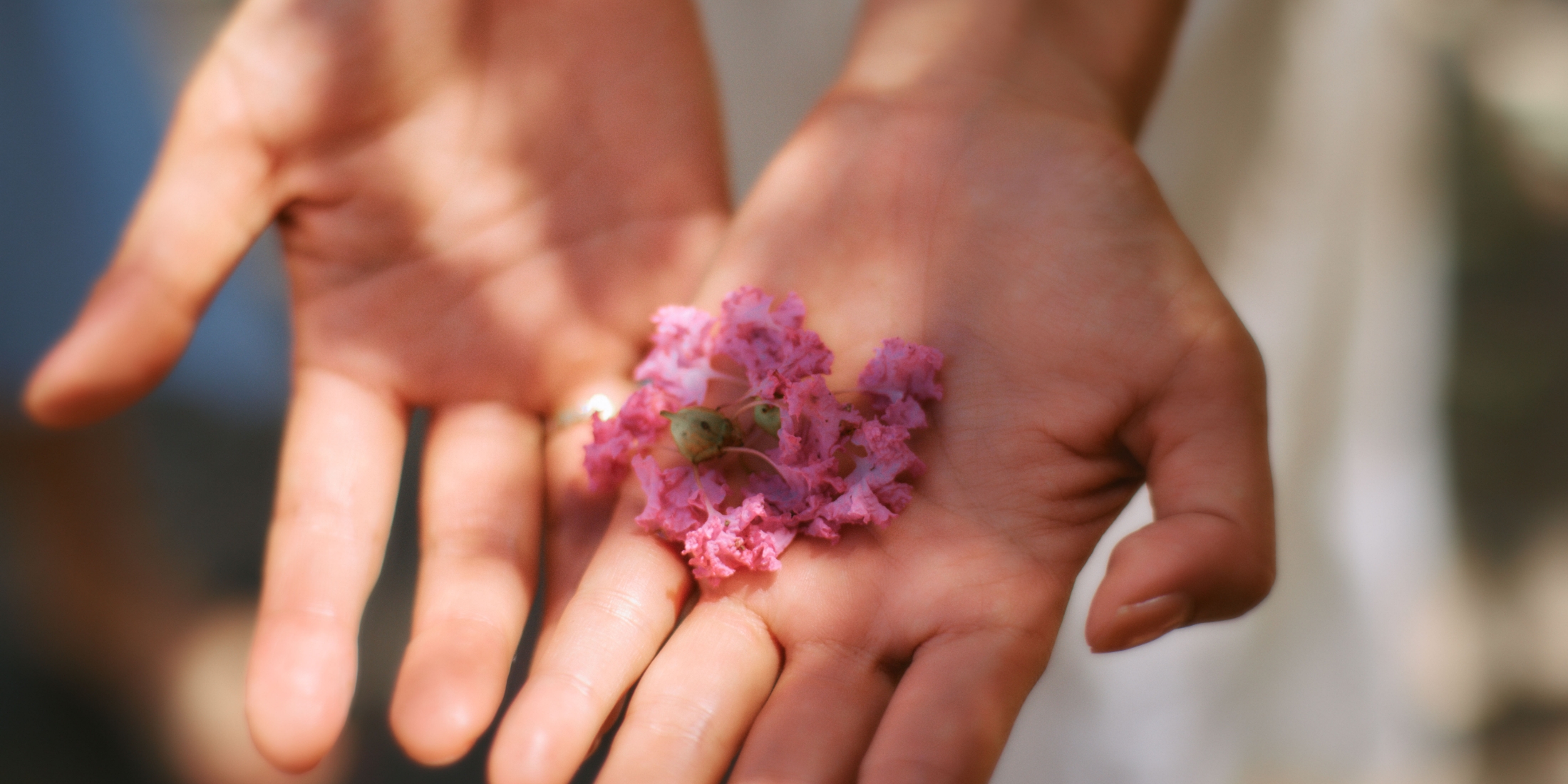 サルスベリの花を手の平の上に置く美容コラムニストの福本敦子さん